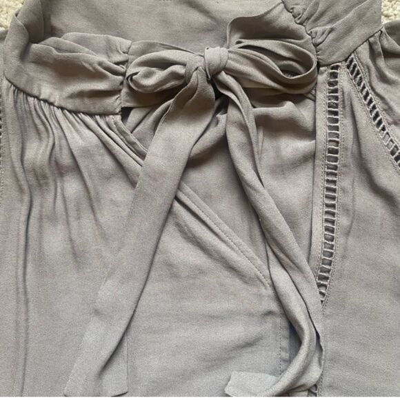 Free People Light Taupe Button Front Tie Neck Blouse - Picture 2 of 11